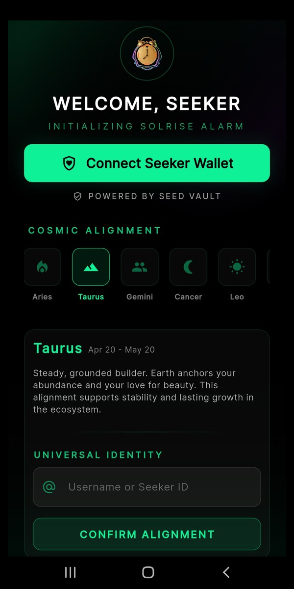 SolRise mobile app showing Connect Seeker Wallet, zodiac selection, and username entry.
